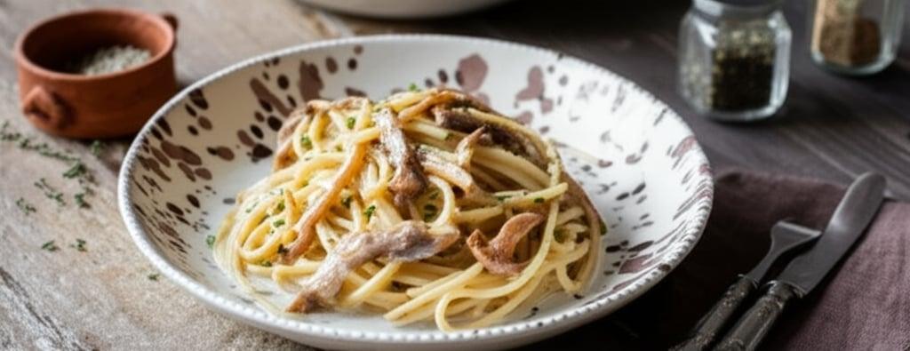 Spaghetti con funghi e taleggio