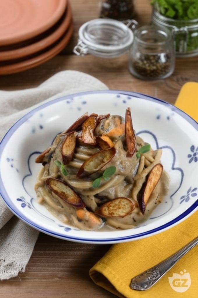 Spaghetti with eggplant, pecorino cheese and mussels