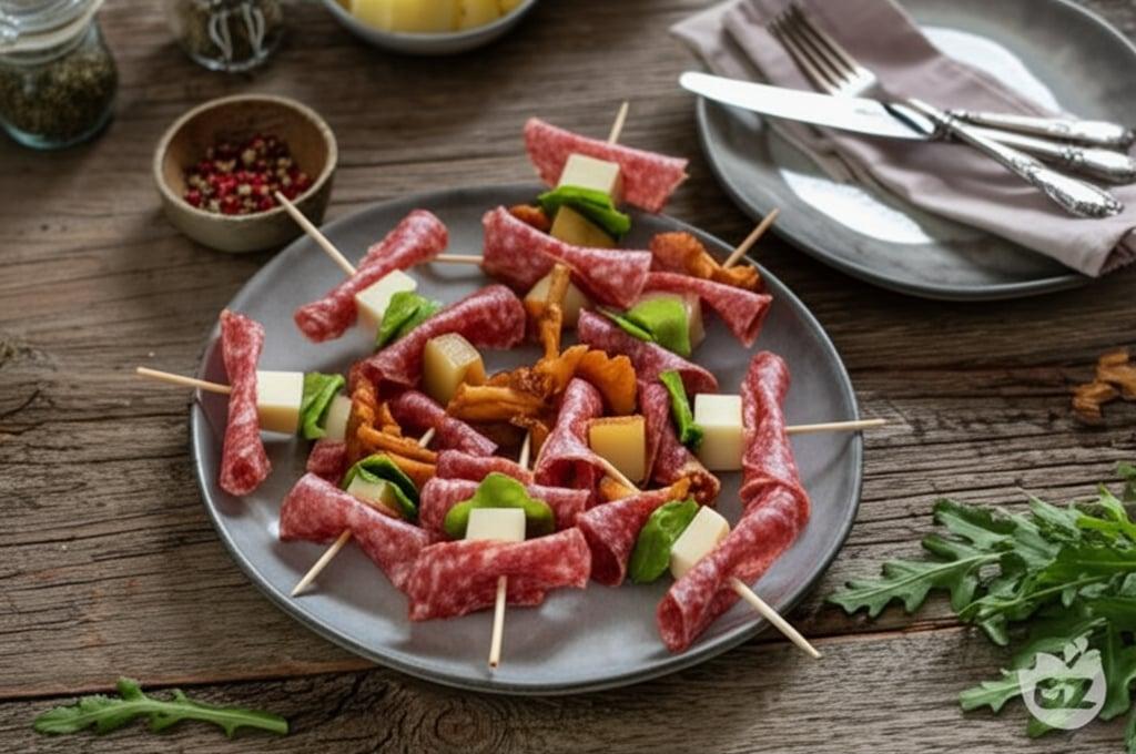 Spiedini di salame, funghi e formaggio