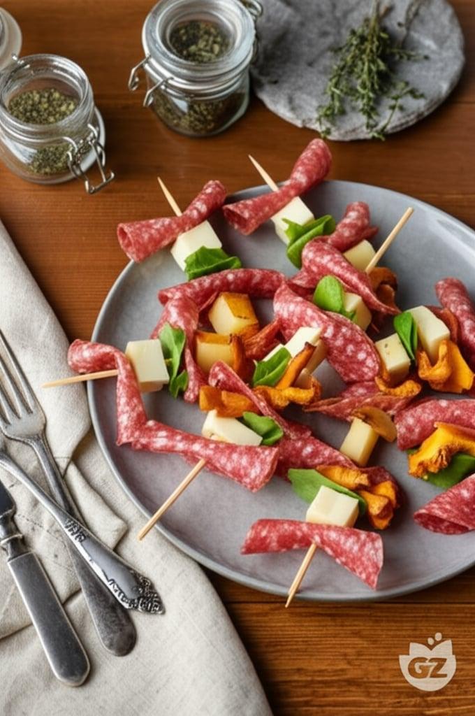 Spieße mit Salami, Pilzen und Käse