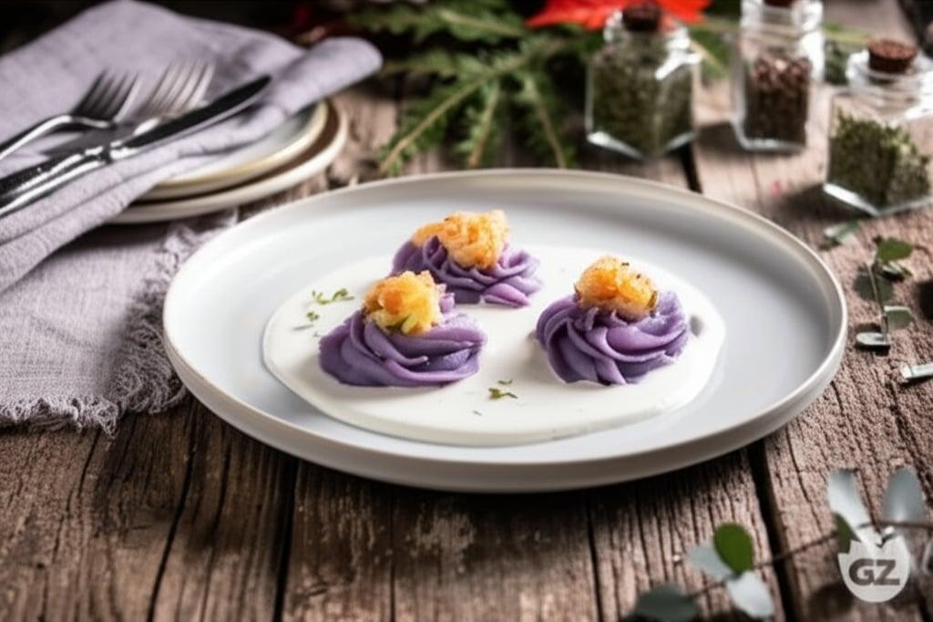 Purple Potato Puffs with Shrimp Tartare