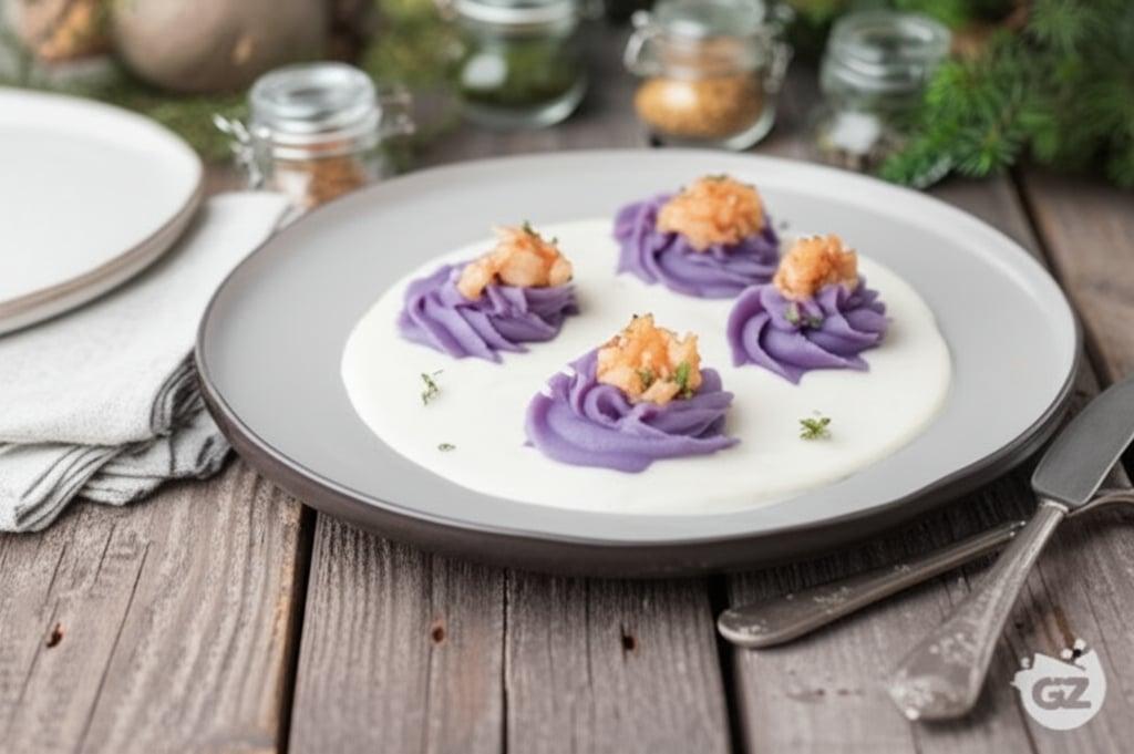 Purple Potato Puffs with Shrimp Tartare