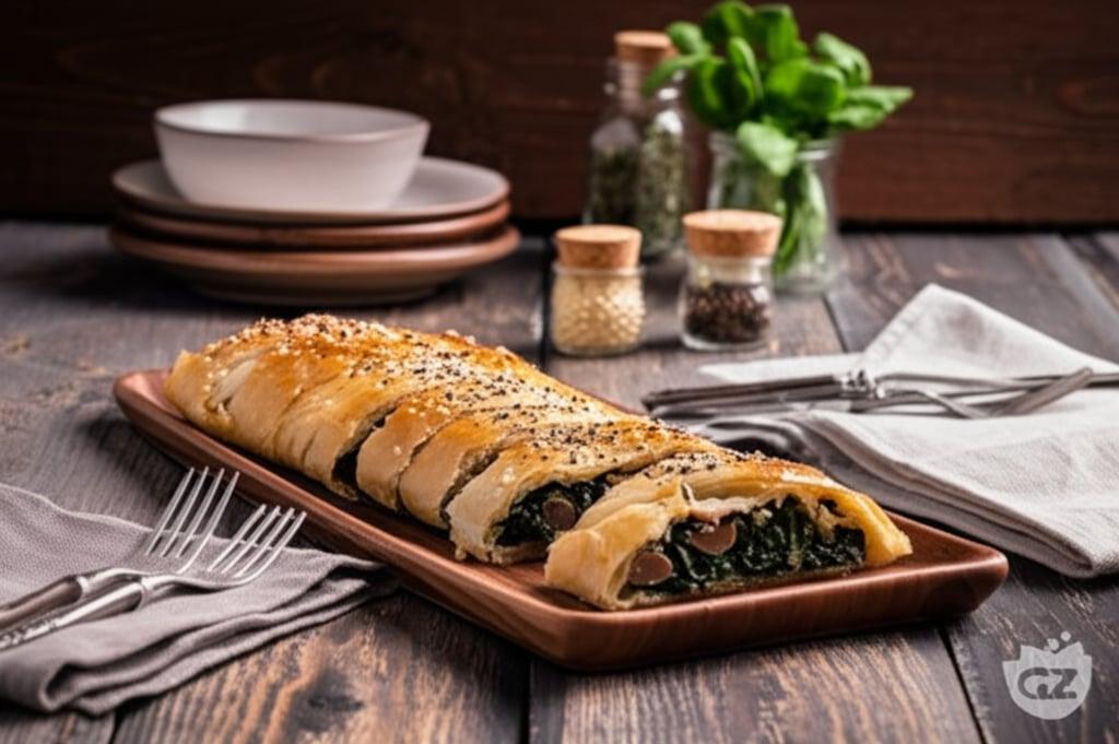 Fillo pastry strudel with sausage and spinach