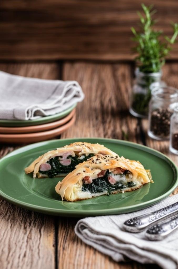 Fillo pastry strudel with sausage and spinach