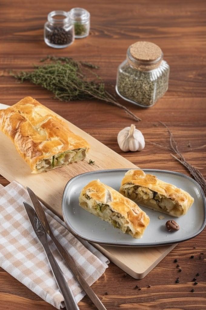 Potato and escarole strudel with raisins and pine nuts