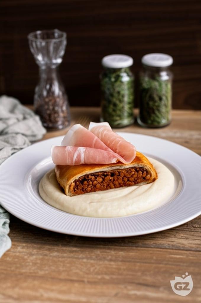 Strudel salato con ragù di lenticchie e crudo