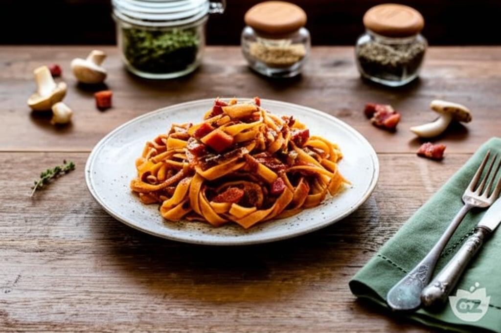 Tagliatelle con setas y guanciale