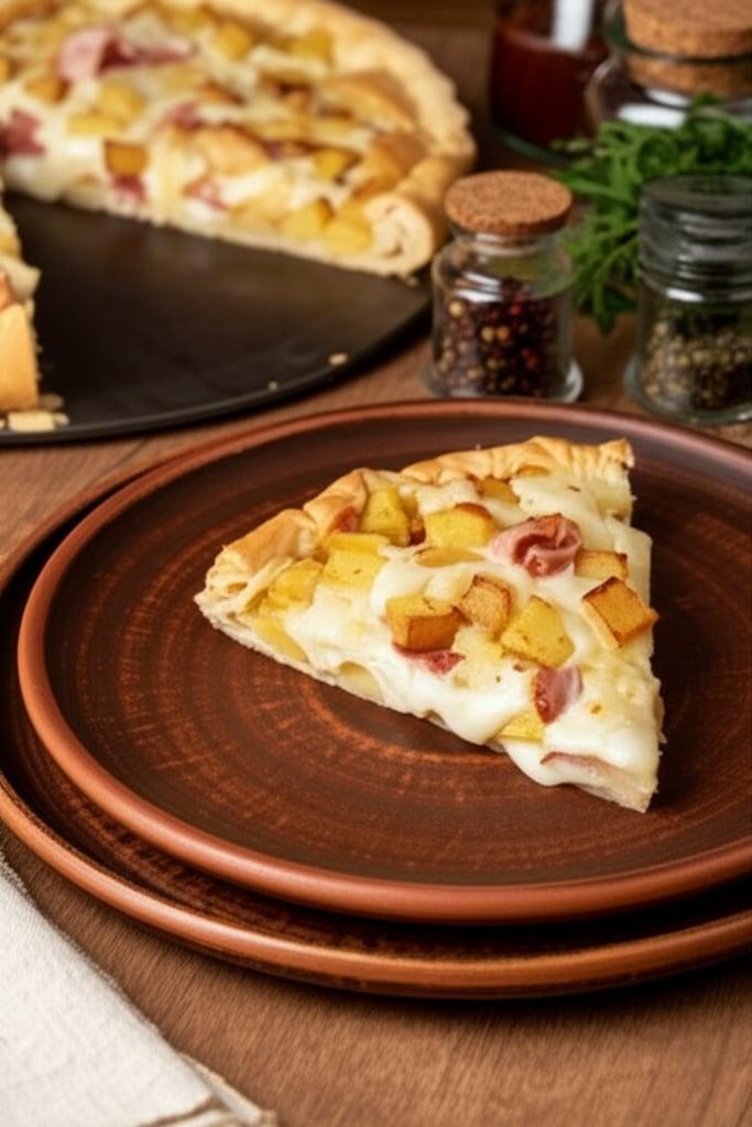 Savory pie with potatoes, ham and cheese