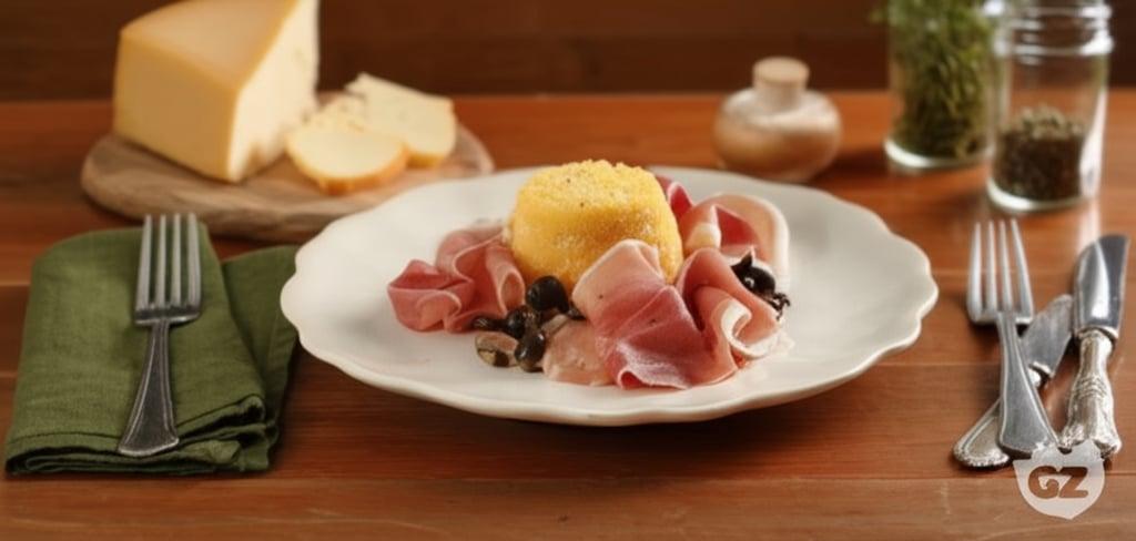 Polenta tart with mushrooms, ham and scamorza cheese