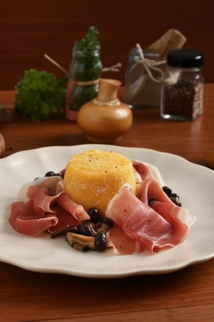 Tortino di polenta con funghi, crudo e scamorza